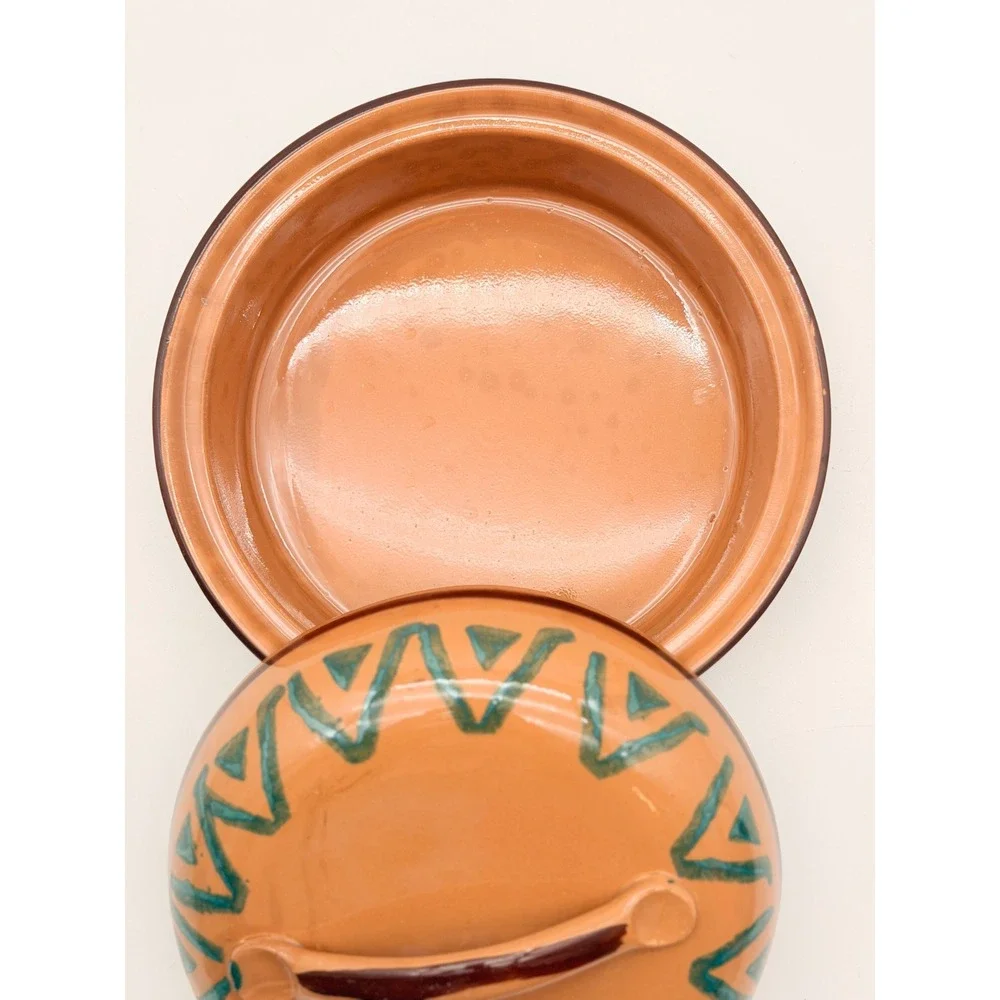 Vintage Hand Painted Terracotta Lidded Dish Southwestern Geometric Pier 1 Italy